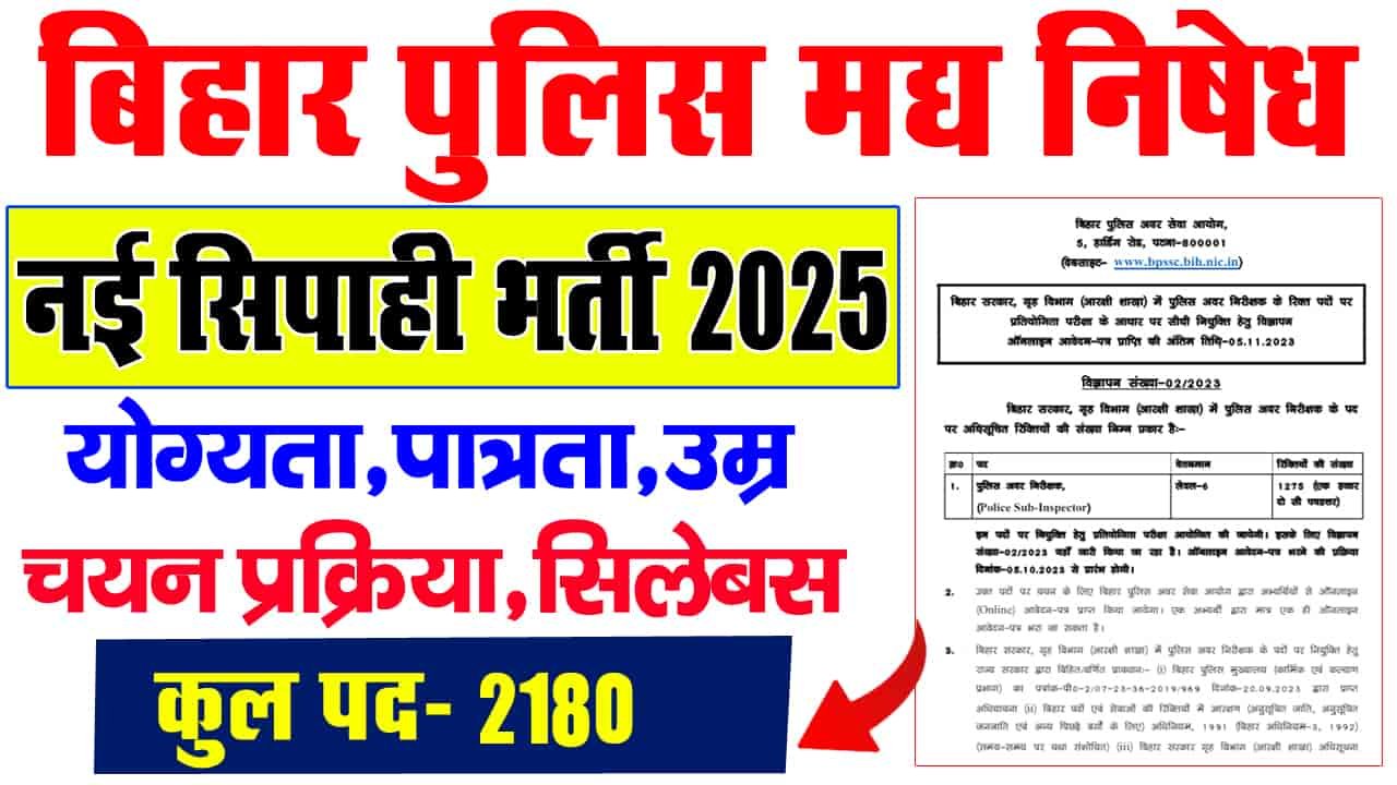 Bihar Police Excise Constable Recruitment 2025-मद्य निषेध सिपाही भर्ती को लेकर नया नोटिस जारी 2180 पदों पर जल्द होगा भर्ती?
